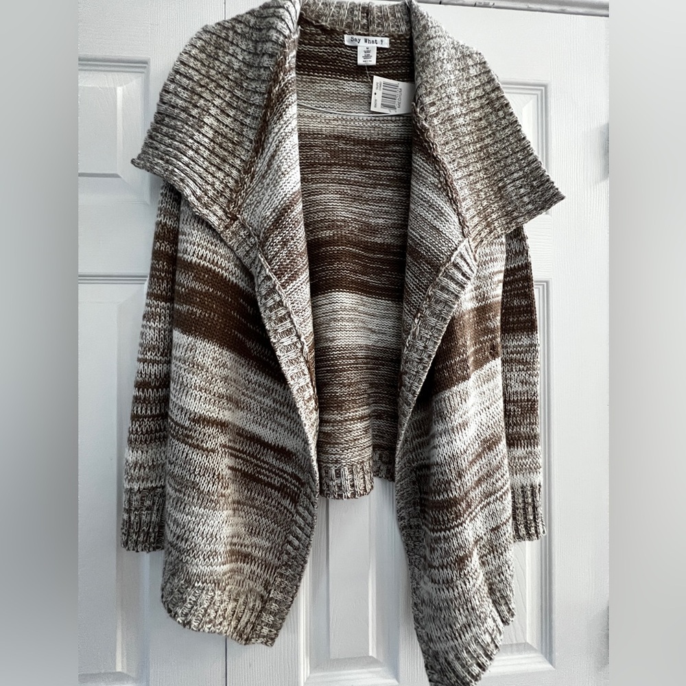 “SAY WHAT?” BROWN AND WHITE OPEN-FRONT CARDIGAN SWEATER!! NEW WITH TAGS!!